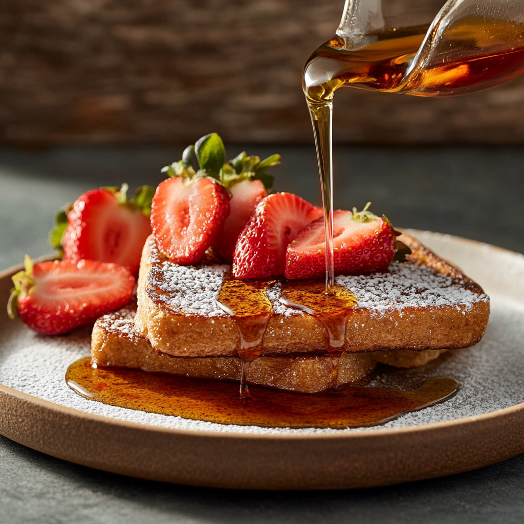 McCormick French Toast with maple syrup, strawberries, and powdered sugar