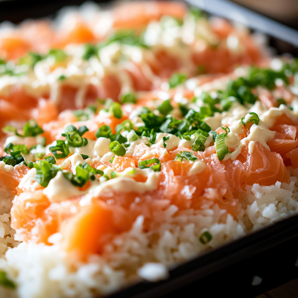 Assembling layers for the sushi bake recipe.