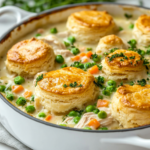 "Chicken pot pie casserole with biscuits"