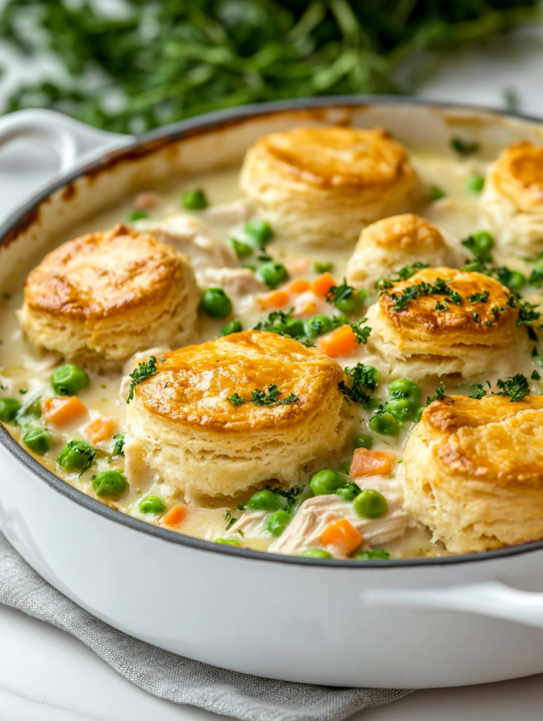 "Chicken pot pie casserole with biscuits"