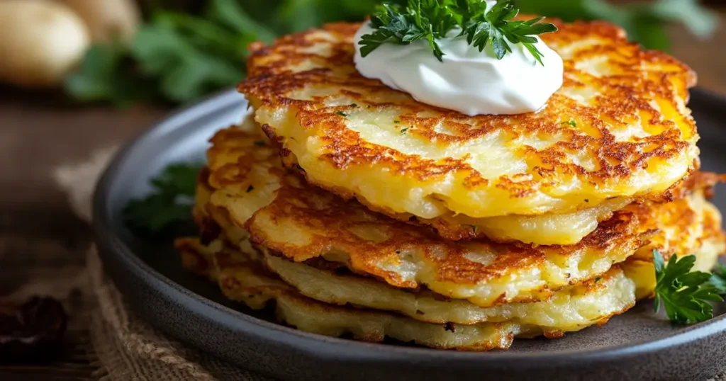 Crispy golden potato pancakes stacked on a plate with sour cream and fresh parsley topping.