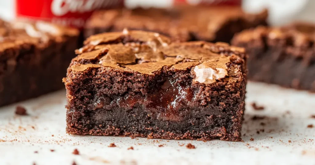 Dr Pepper brownies close-up with gooey texture.