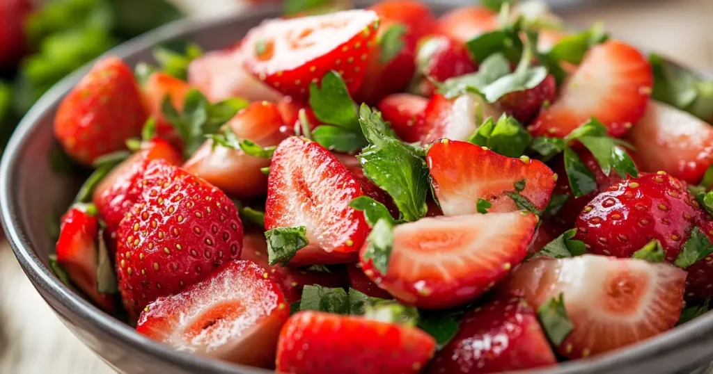 Fresh strawberry salad with greens and balsamic dressing