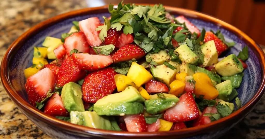 "Fresh strawberry salad with greens and balsamic dressing"