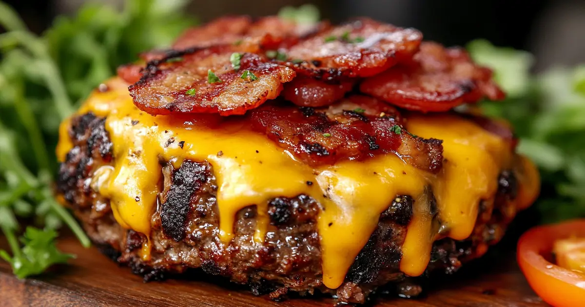 "Bacon Cheeseburger Meatloaf topped with melted cheddar cheese and crispy bacon, served with mashed potatoes and roasted vegetables"