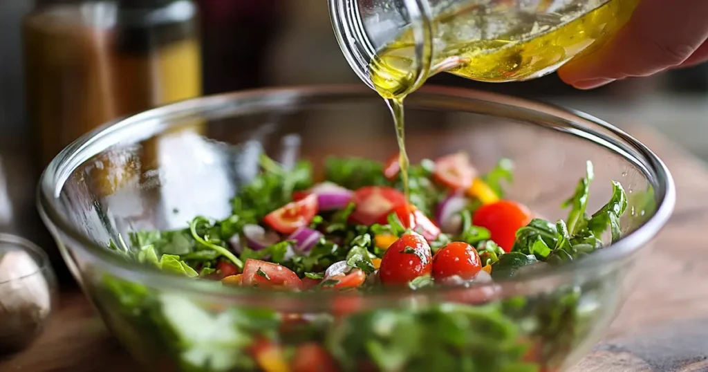 Close-up of Greek salad dressing in a glass bowl with olive oil, lemon juice, garlic, and oregano, placed on a rustic wooden table