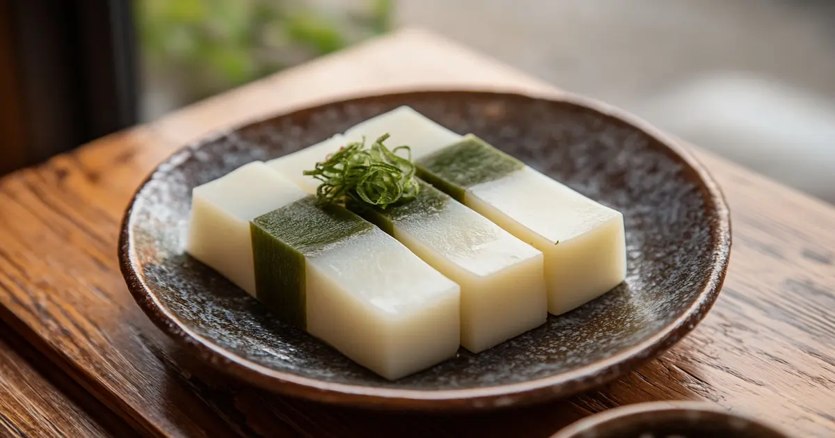 "Yokan slices on a plate, a traditional Japanese dessert made from red bean paste and agar-agar."