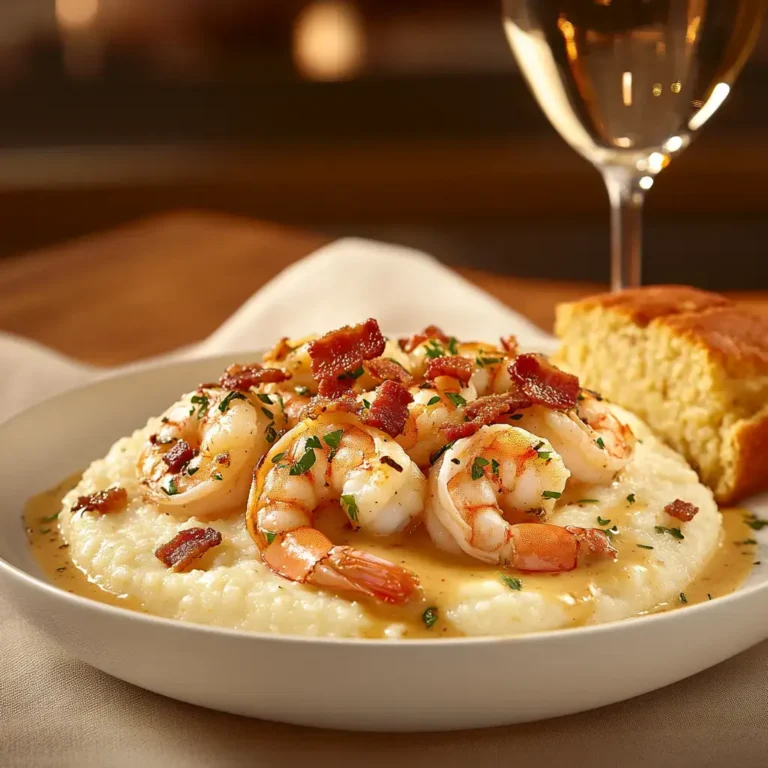 Shrimp and grits served in a rustic Southern setting with garnishes of crispy bacon and fresh parsley