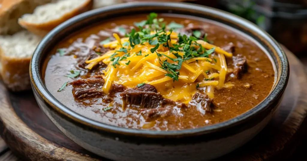 Short Rib Guinness Beer Cheese Soup in a cozy bowl with melted cheddar cheese and fresh herbs