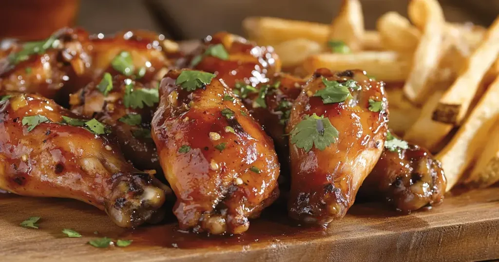 Bourbon Habanero Honey Chicken Wings glazed with honey bourbon sauce and served with crispy fries