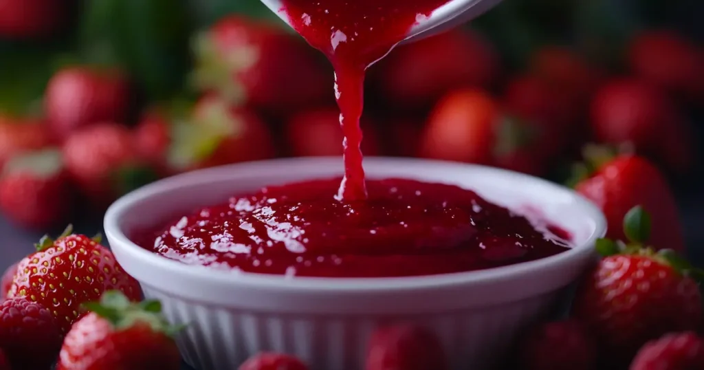 Fresh homemade strawberry Coulis on a vanilla dessert