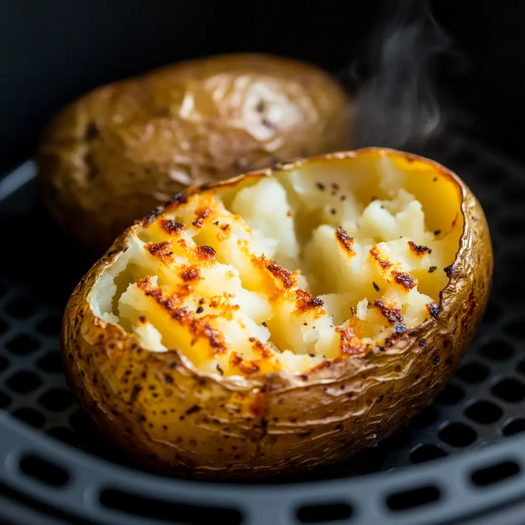 Loaded air fryer baked potato with sour cream, cheese, bacon, and chives