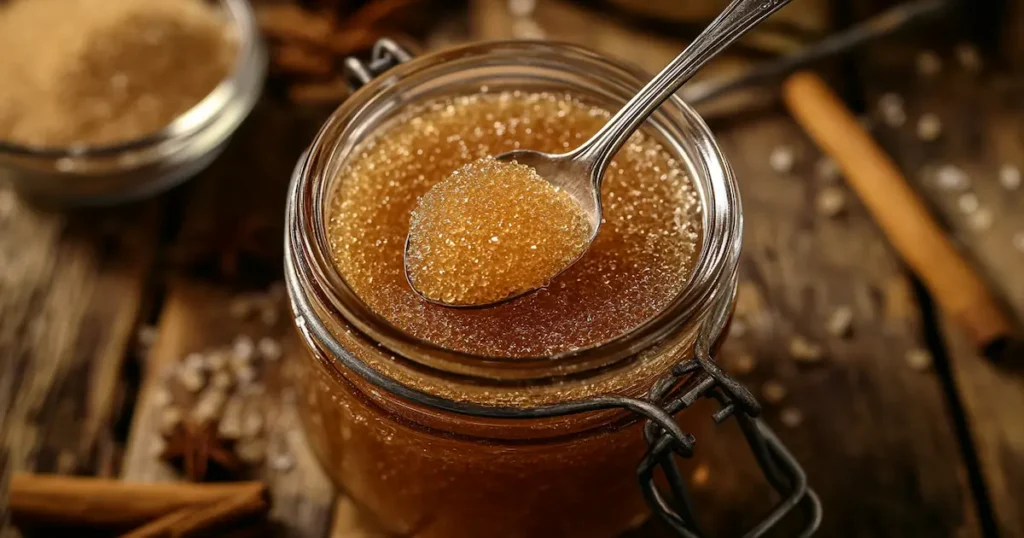 Brown Sugar Simple Syrup in a jar with a rustic wooden background.