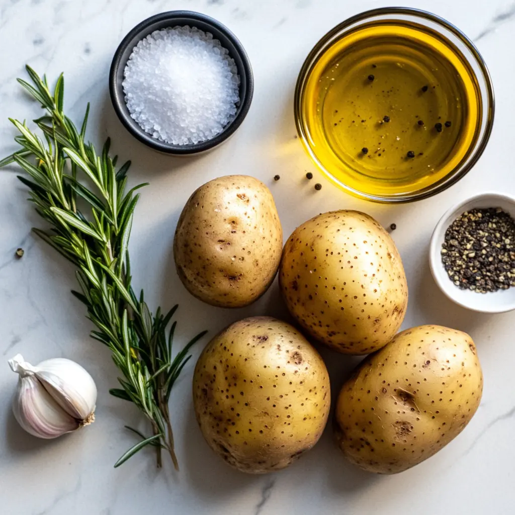 Ingredients for air fryer baked potatoes: Russet potatoes, olive oil, garlic powder, and sea salt"