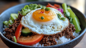 Spicy Korean Ground Beef Bowl with a fried egg, rice, and fresh vegetables