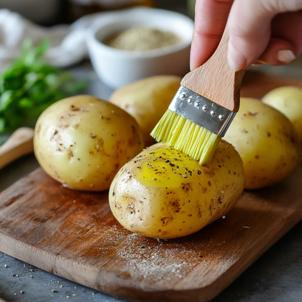 Brushing olive oil onto Russet potato for air frying