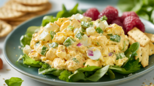 Healthy egg salad in a white bowl with fresh herbs and colorful vegetables.