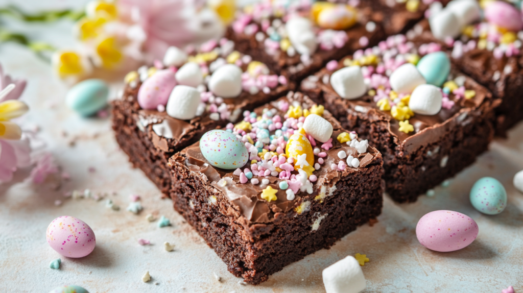 Easter brownies decorated with pastel sprinkles, mini chocolate eggs, and marshmallows on a festive background.