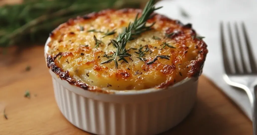 Golden and crispy Cheesy Herb Individual Potato Gratin in a ramekin