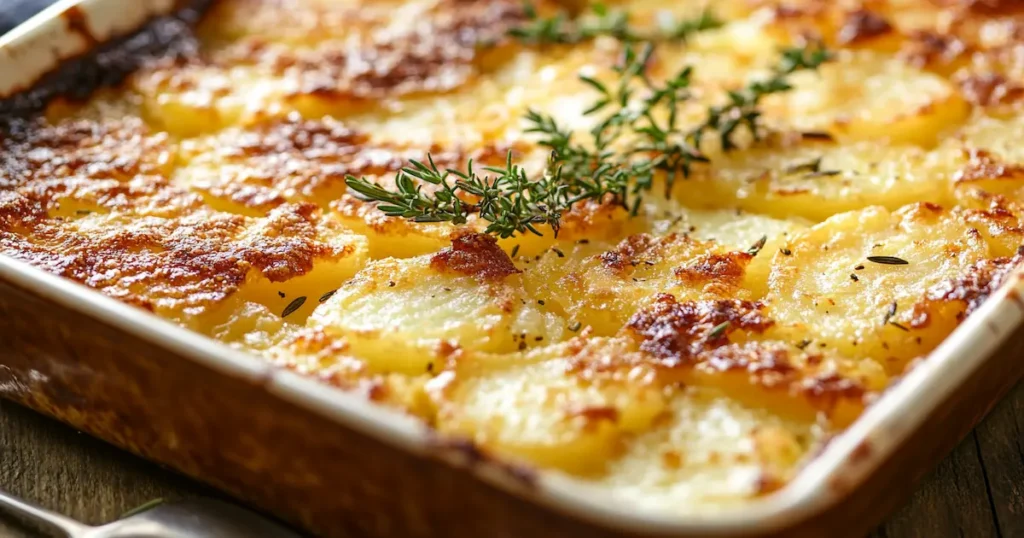 Close-up of golden-brown French Parmentier Potatoes with crispy edges and soft interior, garnished with fresh thyme in a rustic baking dish.