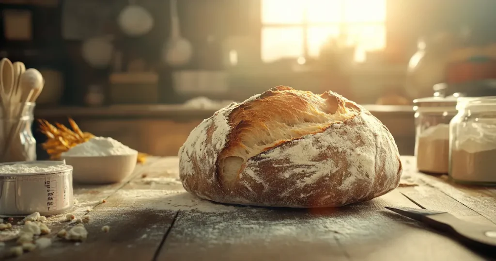 Freshly baked no knead overnight bread with a crispy crust and soft interior