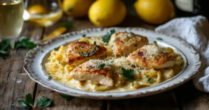 Plated creamy lemon chicken pasta garnished with fresh parsley and grated Parmesan cheese, with a rustic wooden table, fresh lemons, and a glass of white wine in the background