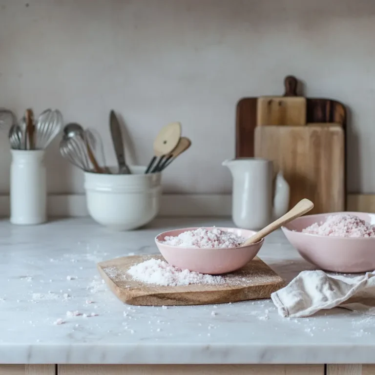 Pink salt trick mixture applied to kitchen counter for natural cleaning