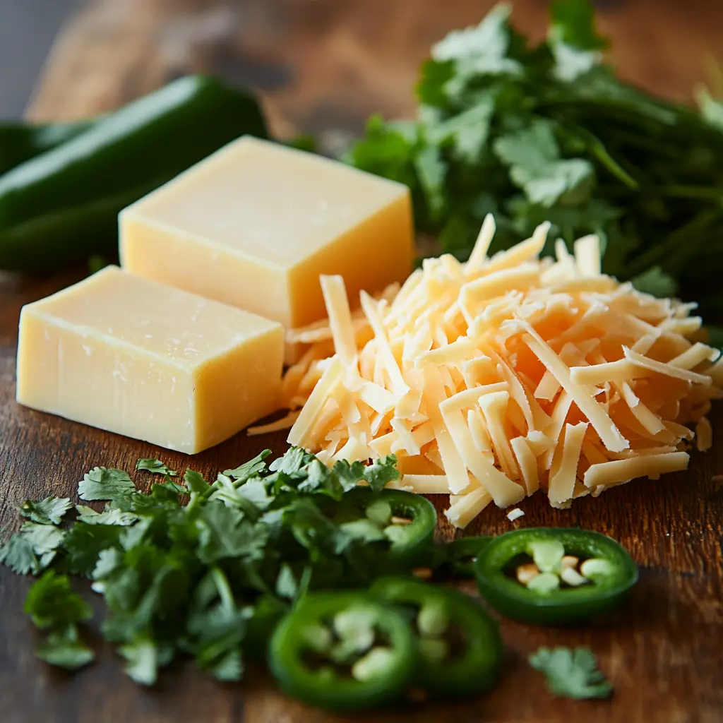 A close-up of classic cheddar and Monterey Jack cheeses on a cutting board, with jalapeños and cilantro for added flavor.