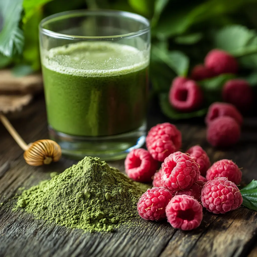 Matcha green tea powder and fresh raspberries on a rustic wooden table with a smoothie in the background.