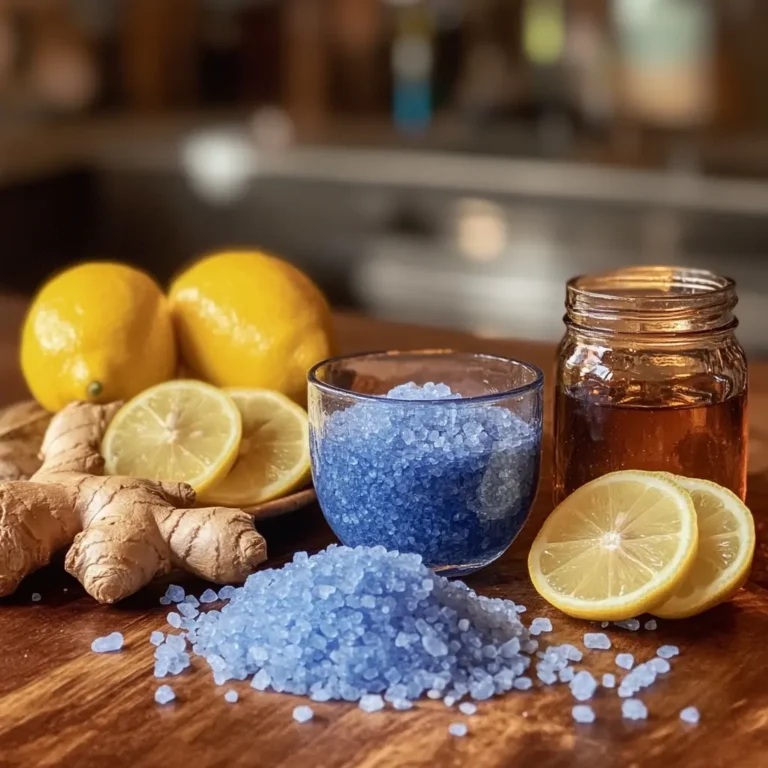 Blue salt trick for men with blue salt crystals, lemon, honey, and ginger on countertop
