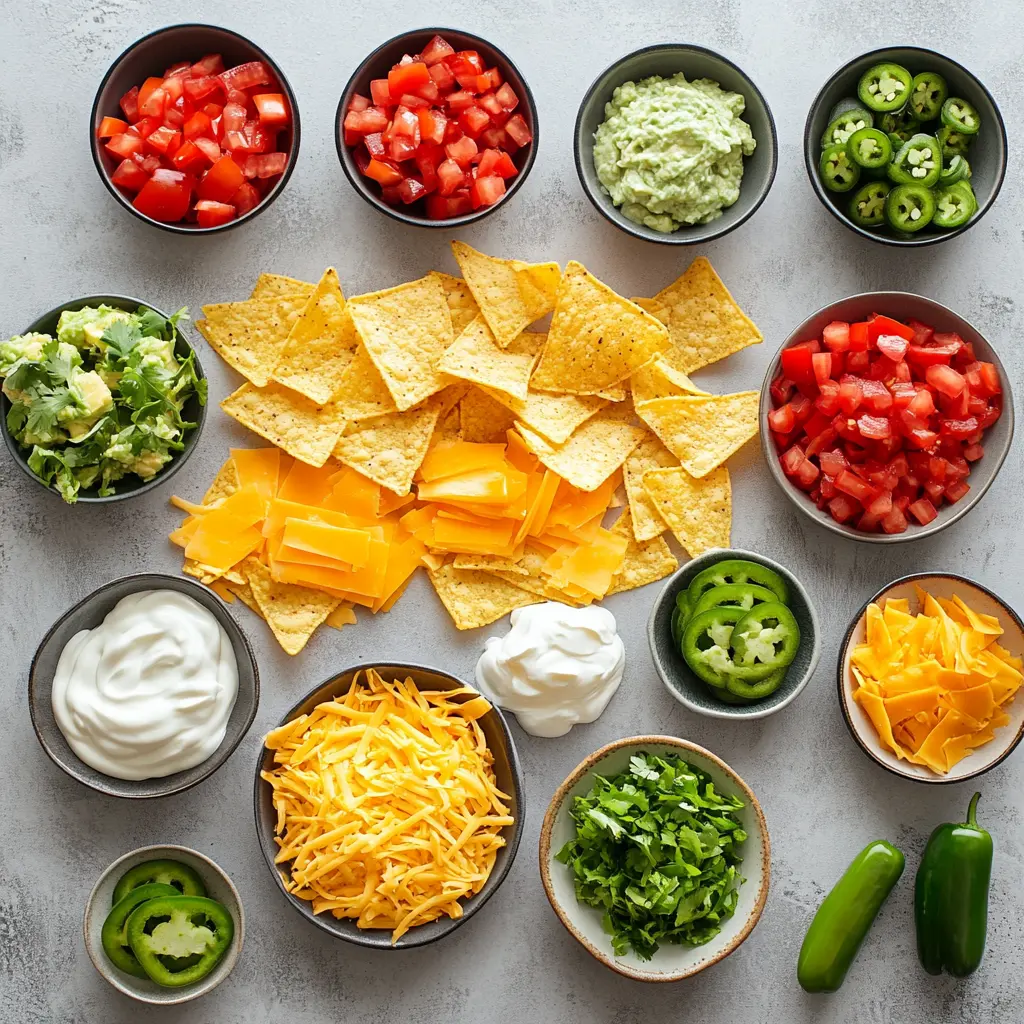 A selection of ingredients for making perfect nachos, including tortilla chips, various cheeses, and toppings like sour cream, guacamole, and salsa.