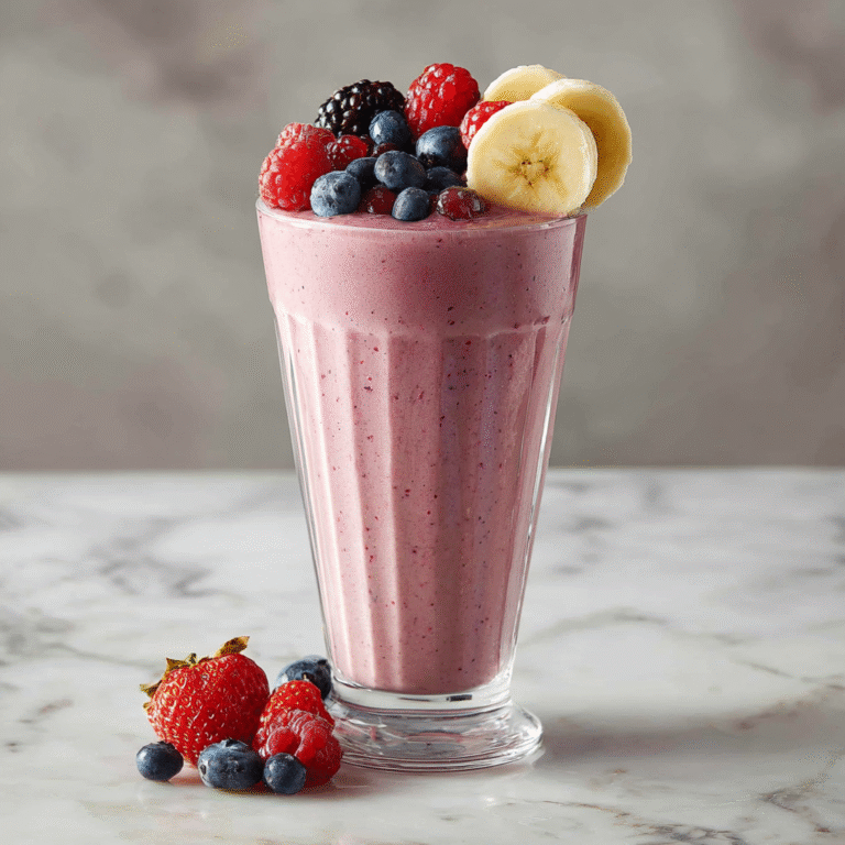 A delicious and vibrant banana berry protein smoothie, garnished with berries.
