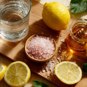 Ingredients for Brazilian pink salt hydration drink: pink salt, water, lemon, and honey.