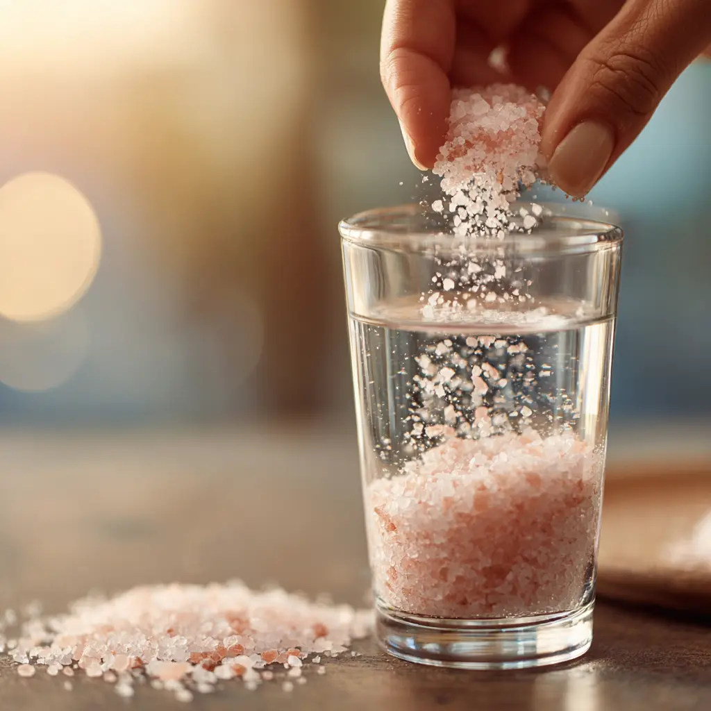 Adding Brazilian pink salt to water for hydration