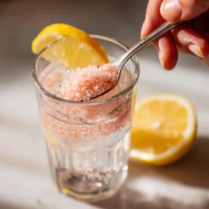 Stirring pink Himalayan salt into water for weight loss drink
