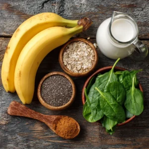 Ingredients for banana smoothie recipe: banana, chia seeds, almond milk, spinach, and cinnamon