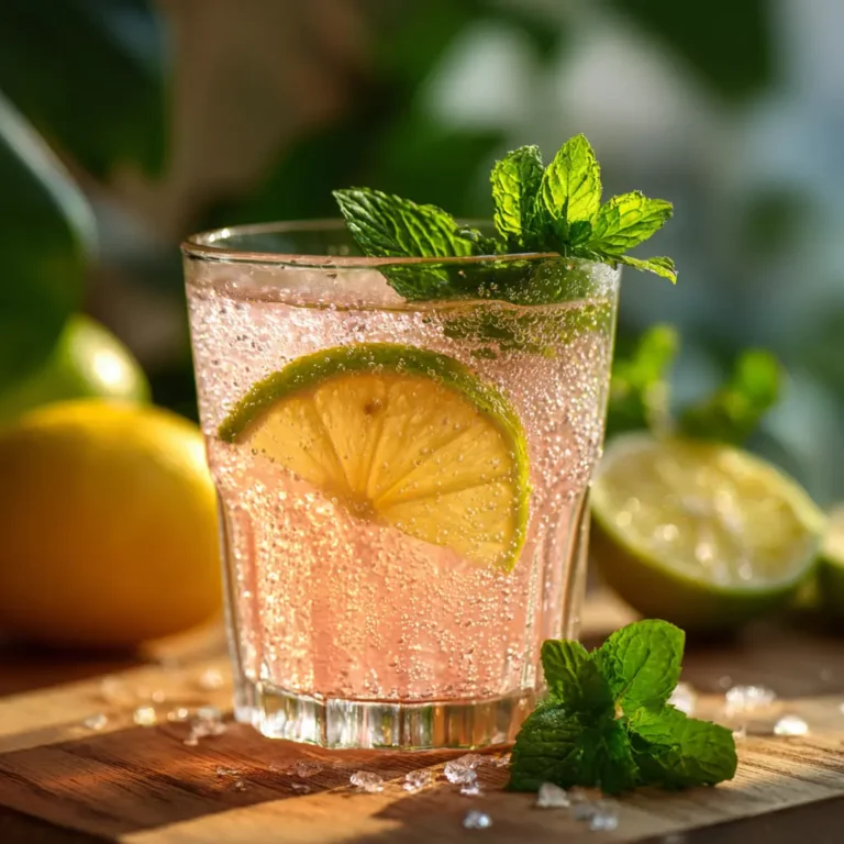 Finished Brazilian pink salt drink with lemon garnish