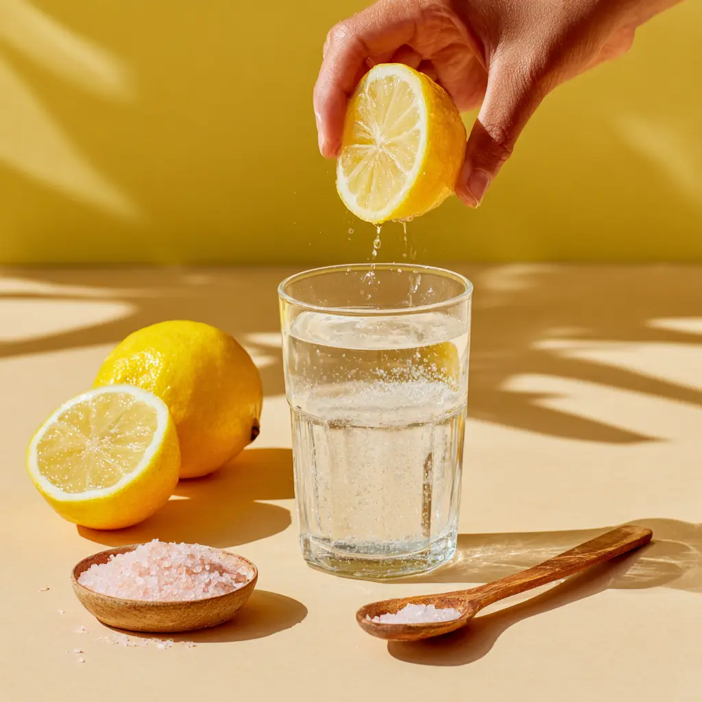 Adding fresh lemon juice and stirring Brazilian pink salt drink.