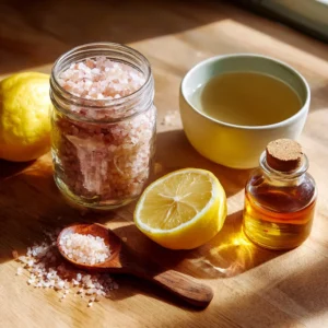 Ingredients for the pink salt trick: pink Himalayan salt, lemon, apple cider vinegar, and warm water