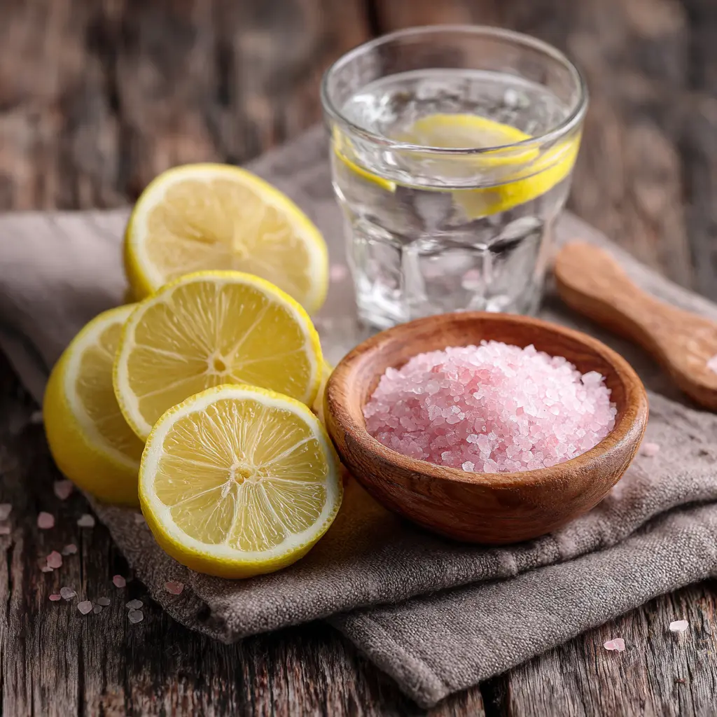 Pink Himalayan salt, lemon, and water ingredients for making pink salt weight loss drink