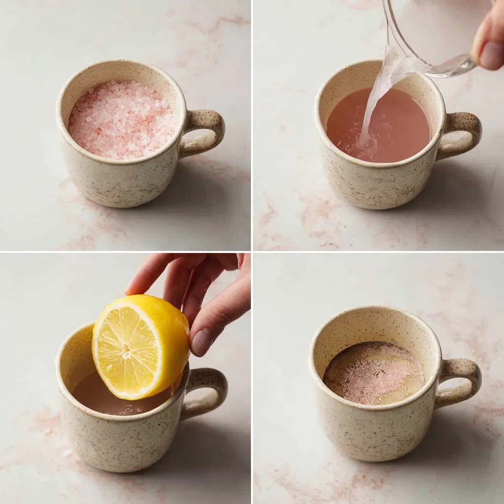Step-by-step preparation of Pink Salt Trick for weight loss with pink Himalayan salt, lemon, and warm water.