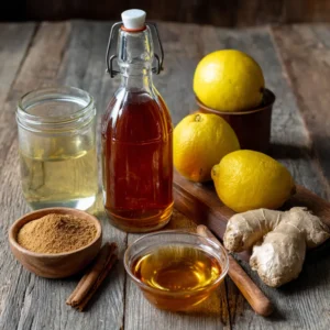 Ingredients for Zepbound weight loss drink: apple cider vinegar, lemon, cinnamon, ginger, and honey.