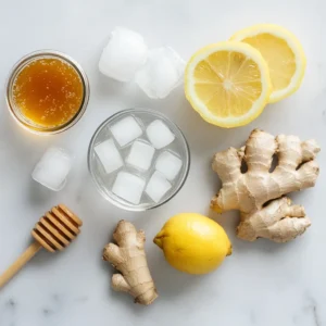 Ingredients for Ice Hack Recipe for Weight Loss: Ice, Lemon, Ginger, and Honey