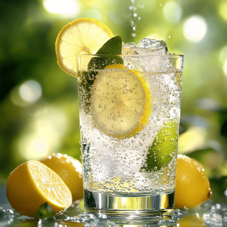 Refreshing lemon-lime soda with bubbles and garnished with citrus slices.