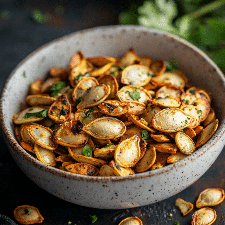 Roasted pumpkin seeds served in a bowl as a crunchy, healthy snack.