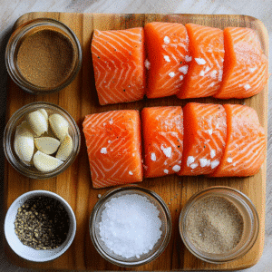 Ingredients for making Air Fryer Salmon: salmon fillets, garlic powder, paprika, and olive oil