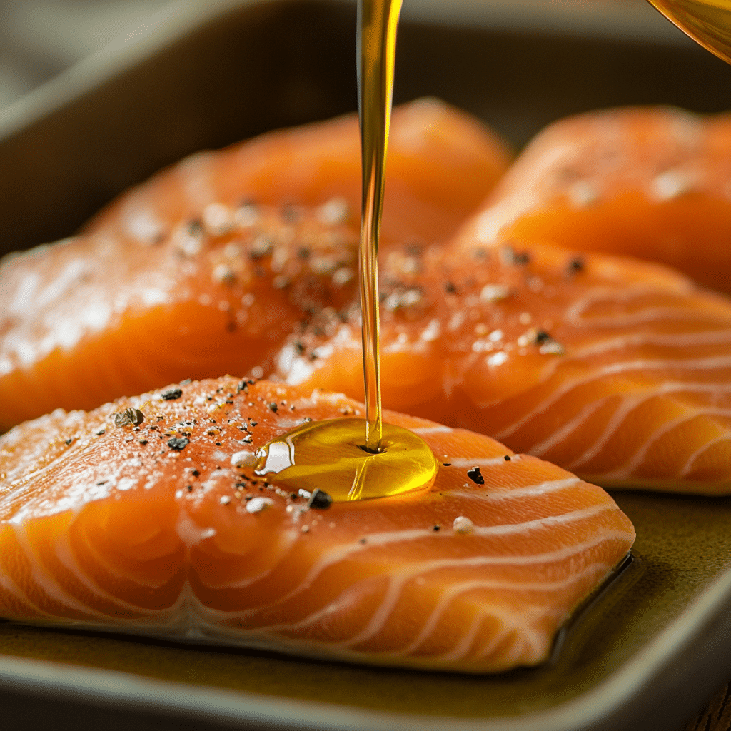 Drizzling olive oil onto fresh salmon fillets