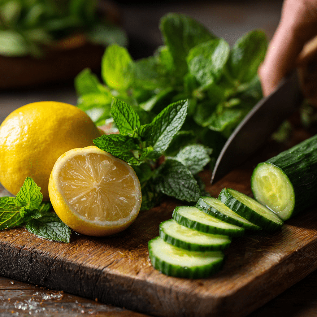 Fresh ingredients for Lemon Mint and Cucumber Water, including lemon, cucumber, and mint.
