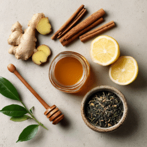 Ingredients for apanese Mounjaro drink: ginger, green tea, lemon, cinnamon, and honey