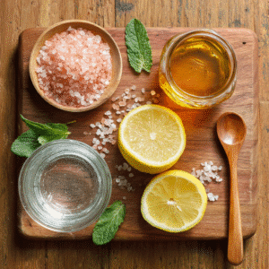 Ingredients for Viral Pink Salt Drink: pink salt, lemon, honey, and warm water.